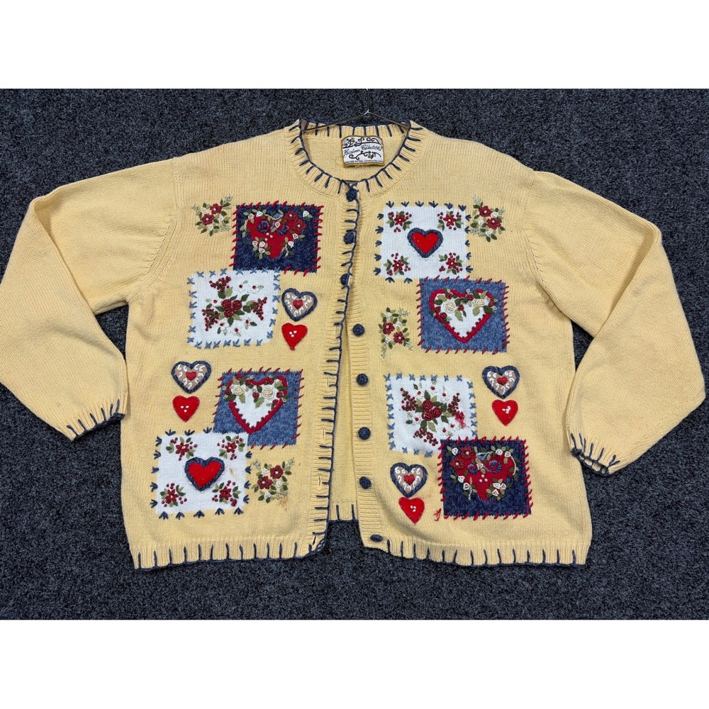 Heirloom Collectibles Cardigan Womens L Yellow Heart Patchwork Embroidered Knit